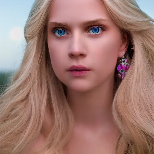 Image similar to close up headshot of a princess with long blonde hair and blue eyes wearing a strapless elaborately beaded pink dress, high resolution film still, 8k, HDR color, film by Simon Langton and David Frankel, gazing eyes