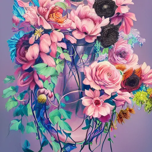 Image similar to a bouquet of colorful flowers, pastel and black colors, realistic shadows, flowers with very long petals,afternoon sunlight, hard light and long shadows, neon glowing, vivid, detailed painting, by James Jean and Ross Tran, masterpiece, award winning painting