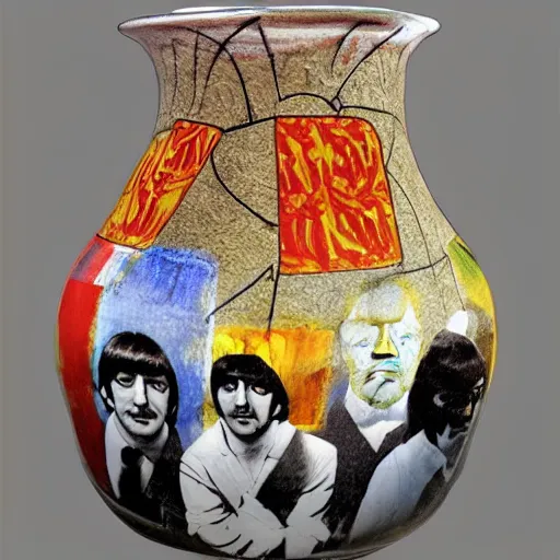 Prompt: vase work vase art of The beatles in a vase , greek art, fragmented clay firing Greek vase of The beatles