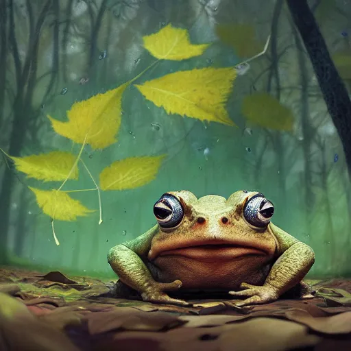 Image similar to soulful long shot of a crazy toad baby hiding under a leaf, by esao andrews, by m. w. kaluta, ultra humorous illustration, small depth of field, perspective perception, volumetric light, psychedelic colors, 3 d octane render, 8 k, conceptart, hyperdetailed, hyperrealistic, trending on artstation