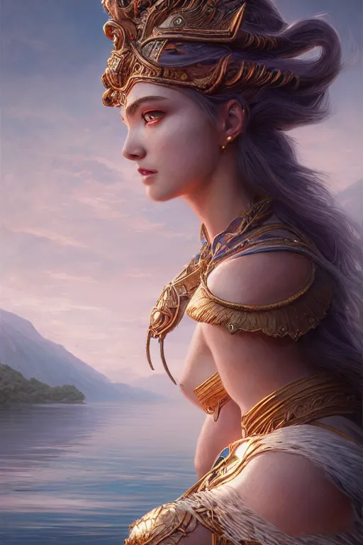 Image similar to goddess of lake, highly detailed, d & d, fantasy, highly detailed, digital painting, trending on artstation, concept art, sharp focus, illustration, art by artgerm and greg rutkowski and fuji choko and viktoria gavrilenko and hoang lap