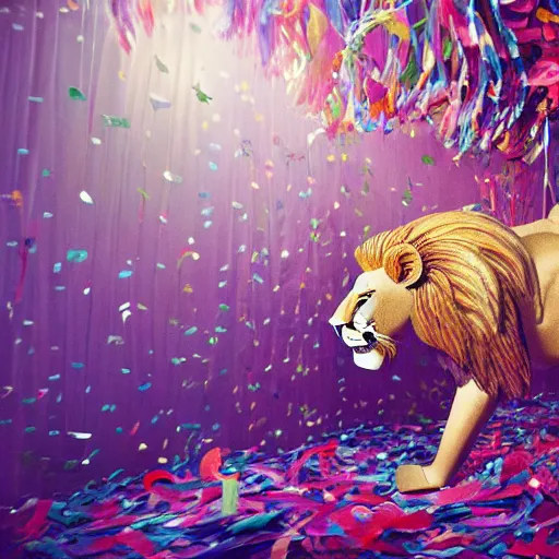 Image similar to long shot lion chasing the dream in the magical forest, lion fur made from party ribbons floating party confetti and balloons , concept art, huge scale, high details, intricate by Dali and James Jean