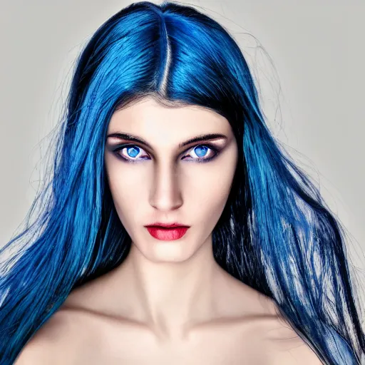 Image similar to raven haired seductive woman with stunning ocean blue irises with a beautiful face, sharp thin nose, fair skin, soft skin, long neck, and elf pointed ears showing bare shoulders