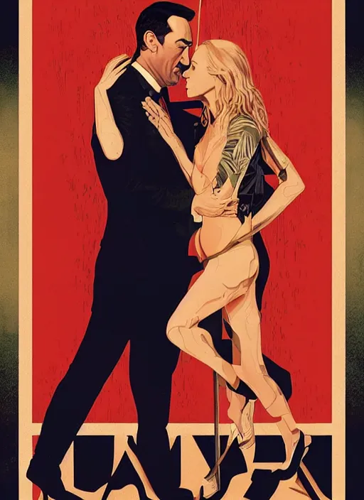 Prompt: poster artwork by Michael Whelan and Tomer Hanuka, Karol Bak of Naomi Watts & Jon Hamm husband & wife portrait, in the pose of 'Along Came Polly' poster, from scene from Twin Peaks, clean, simple illustration, nostalgic, domestic, full of details