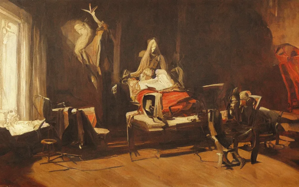 Prompt: a painting of nightmare in a room, by vilhelms purvitis, oil on canvas