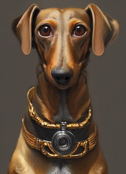 Image similar to dachshund with a monocle and a raised highbrow | sophisticated clothing | highly detailed | very intricate | elaborate outfit | symmetrical | cinematic lighting | award - winning | closeup portrait | painted by donato giancola and mandy jurgens and charlie bowater | featured on artstation