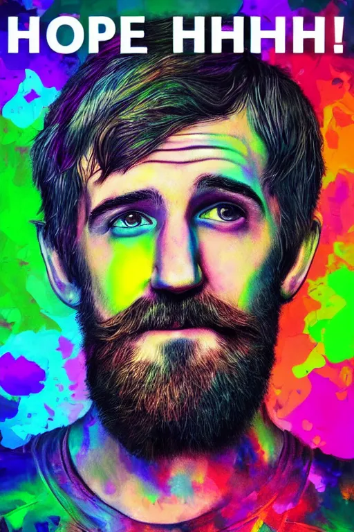 Image similar to inspirational style hope poster of bo burnham with beard, psychedelic colors, highly detailed, realistic, loving, beautiful composition