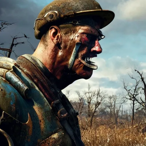 Image similar to fallout 4 movie still, a raider crying over roadkill,