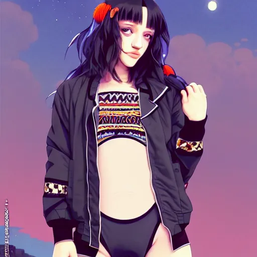 Image similar to a beautiful boyish kat dennings alluring gravure model, wearing oversized mayan bomber jacket and leotard with overalls, bulky poofy aztec native style bomber jacket with mayan patterns, gapmoe yandere grimdark, trending on pixiv fanbox, painted by greg rutkowski makoto shinkai takashi takeuchi studio ghibli, akihiko yoshida