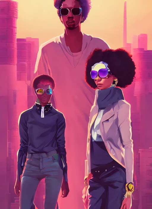 Prompt: afro - futurist gangstas, lavish lifestyle and money, fashionable, jacking the metaverse | hyperrealistic oil painting | by makoto shinkai, ilya kuvshinov, lois van baarle, rossdraws | afrofuturism, in the style of boondocks, trending on artstation | dark color scheme