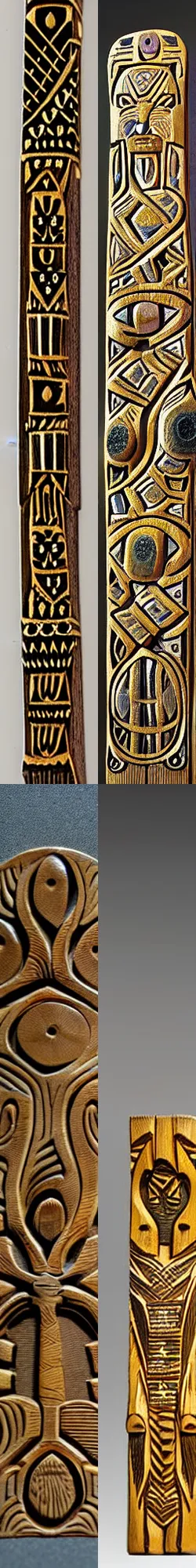 Prompt: wood carved in relief, gold color with aboriginal motifs of northern Patagonia, animals and nature of the patagonian aboriginal by miguel angel, 80mm, sharp focus