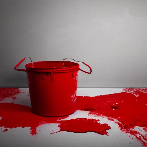 Image similar to a clean studio photography set, there is a bucket of red paint in the middle and it has just exploded, there is paint EVERYWHERE