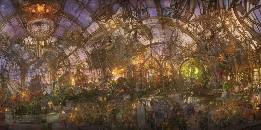 Prompt: colossal steampunk conservatory, geometric, esoterism, studio ghibly, mucha, beksinky, jas gourney, modern filgree, gardens flowers, windows tower, cener, multi-leveled, night neon lights by Stanley Artgerm Lau, WLOP, Rossdraws, ArtStation, concept art, octane render, trending on artstation, artstationHD, artstationHQ, unreal engine, 4k, 8k,