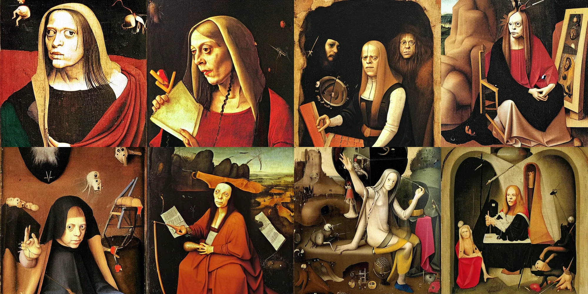 Prompt: Renaissance portrait of young Genesis P-Orridge performing on stage, Psychic TV concert, painted by Hieronymus Bosch