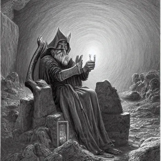 Image similar to the evil ian mckellen smithing on an anvil as gandalf in a dark viking hood playing odin all father crafting a neural network with golden synapses on an anvil with fire, highly detailed, cinematic shot, cinematic lighting, 8 k, exquisit facial detail, painting by gustave dore