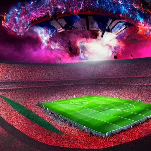 Prompt: champions league final in a soccer field in hell, monsters in the crowd, disney style, colorful, fantasy, cinematic, 4 k