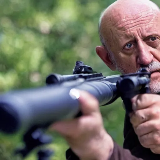 Image similar to Film still of Mike Ehrmantraut aiming a !!!sniper rifle!!!, 4k, !!highly detailed!!