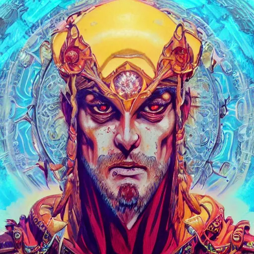 Image similar to 4K headshot portrait of godlike Warlock of Nazareth with defined arms and open hands and bloody clothes with giant mandala wings , intricate face , flawless anime cel animation by Kentaro Miura, psychedelic , highly detailed upper body , professionally post-processed , beautiful, scary, symmetry accurate features, epic, octane rendered, anime masterpiece, accurate by Craig Mullins, ilya kuvshinov, krenz cushart, epic , artgerm trending on artstation by Edward Hopper and Dan Mumford and WLOP and Rutkovsky, beksinski carl spitzweg moebius and tuomas kocar, intricate artwork by caravaggio, Unreal Engine 5, Lumen, Nanite