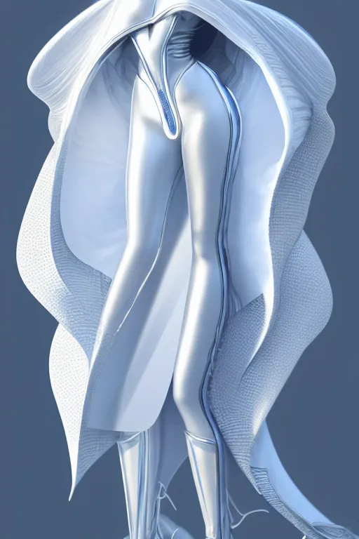 Image similar to detailed beautiful noun in opened white gold blue coat, seductive confident pose, attractive feminine curves, intricate details, futuristic, alien, elegant cape, elegant, photorealism, trending on artstation, holy halo, advanced technology, art by moebius and vitaly bulgarov and chanthara