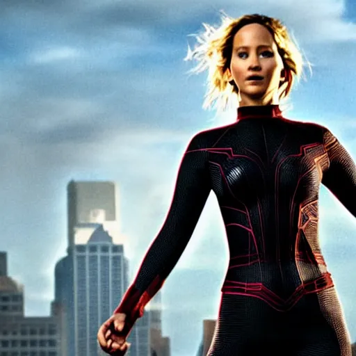 Image similar to Jennifer Lawrence as spidergirl, an film still, movie Hollywood