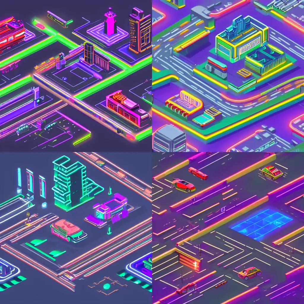 Prompt: isometric concept art of cyberpunk city, neon lights and cars