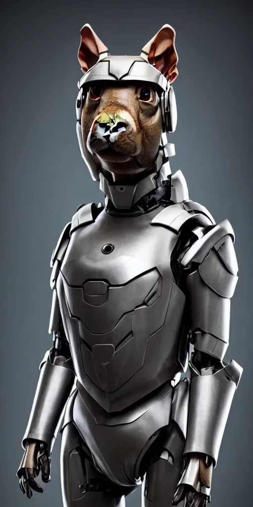 Prompt: an anthropomorphic humanoid capibara wearing a high tech sci - fi armored suit, with daring look on his face, cute and fierce, dramatic lighting, movie footage