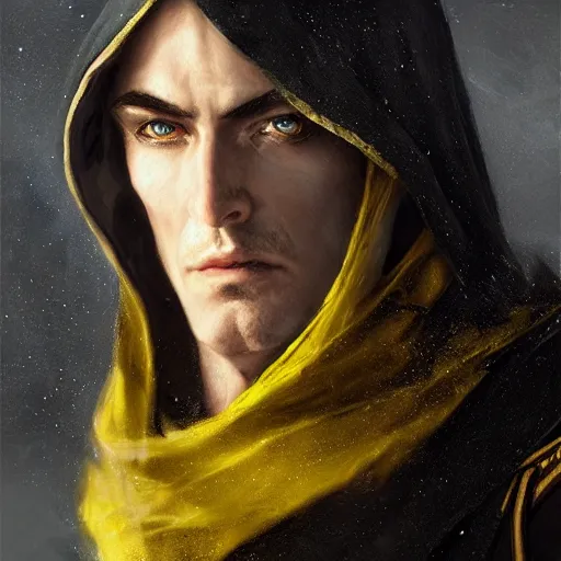 Prompt: portrait of a mysterious and cunning male high elf inquisitorial agent wearing a black hooded agent's cloak with yellow embroidery, by Raymond Swanland Greg Rutkowski Lise Deharm, intricate, masterpiece, sharp, digital art, full head, ArtStation, CGStation, 8k