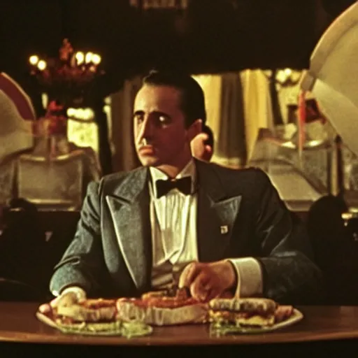 Image similar to A still of The Burger King in The Godfather, cinematic lighting