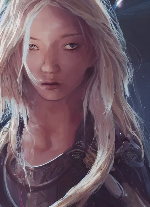 Prompt: highly detailed portrait of a young Plejaden woman with wavy blonde hair in a retro spaceship with large windows, by Dustin Nguyen, Akihiko Yoshida, Greg Tocchini, Greg Rutkowski, Cliff Chiang, 4k resolution, nier:automata inspired, bravely default inspired, vibrant but dreary red, black and white color scheme!!! ((Space nebula background))