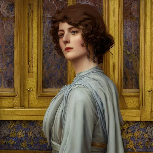 Image similar to a very detailed portrait painting of Vesper Lynd, a very detailed french room, a very detailed dramatic rainy sky, light particles, environment drawn by Donato Giancola and Tom Bagshaw, Edmund Leighton, character design by Alphonse Mucha, 4k, volumetric lighting, french nouveau, komorebi, award winning, octane render, hyperrealistic