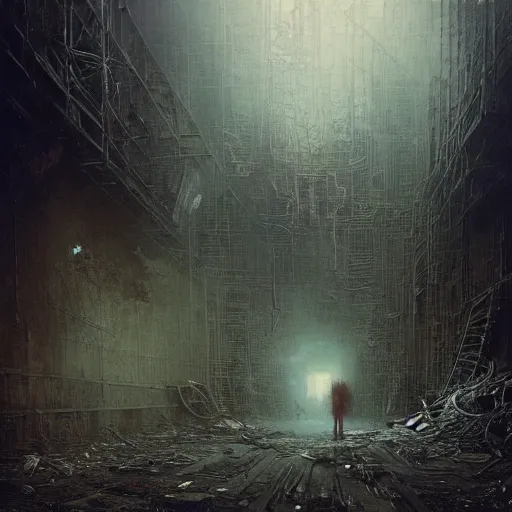 Image similar to lost and alone in an industrial wasteland by gustave dore and gustave moreau and beksinski and giger and craig mullins and jeremy mann