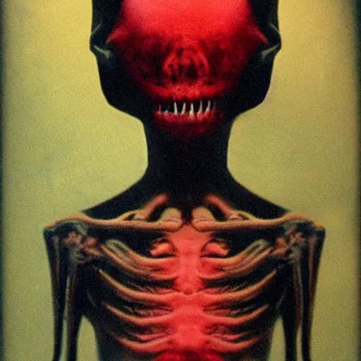 Prompt: humanoid with crooked teeth, two shallow black eyes, long open black mouth, alien looking, big forehead, horrifying, killer, creepy, photo turning slightly yellow, long open black mouth, dead, looking straight into camera, realistic, slightly red, long neck, boney, monster, tall, skinny, skullish, deathly, in the style of alfred kubin