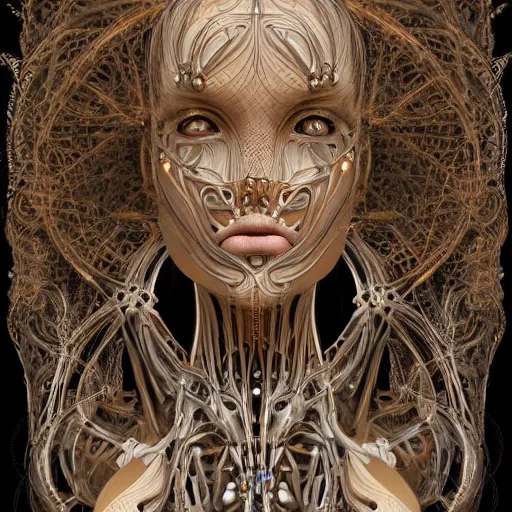 Prompt: beatifull frontal portrait of a woman, biomechanical sculpture, fractal, intricate, elegant, highly detailed, ornate, elegant , luxury, beautifully lit, ray trace in the style of Gerald Brom and James gurney