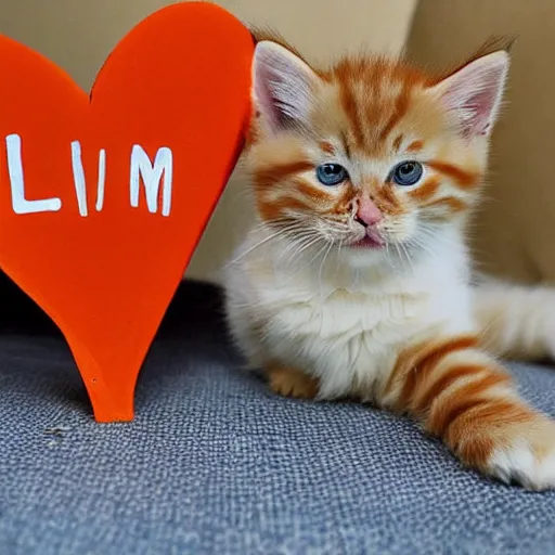 Image similar to cute fluffy orange tabby kitten with a sign that says