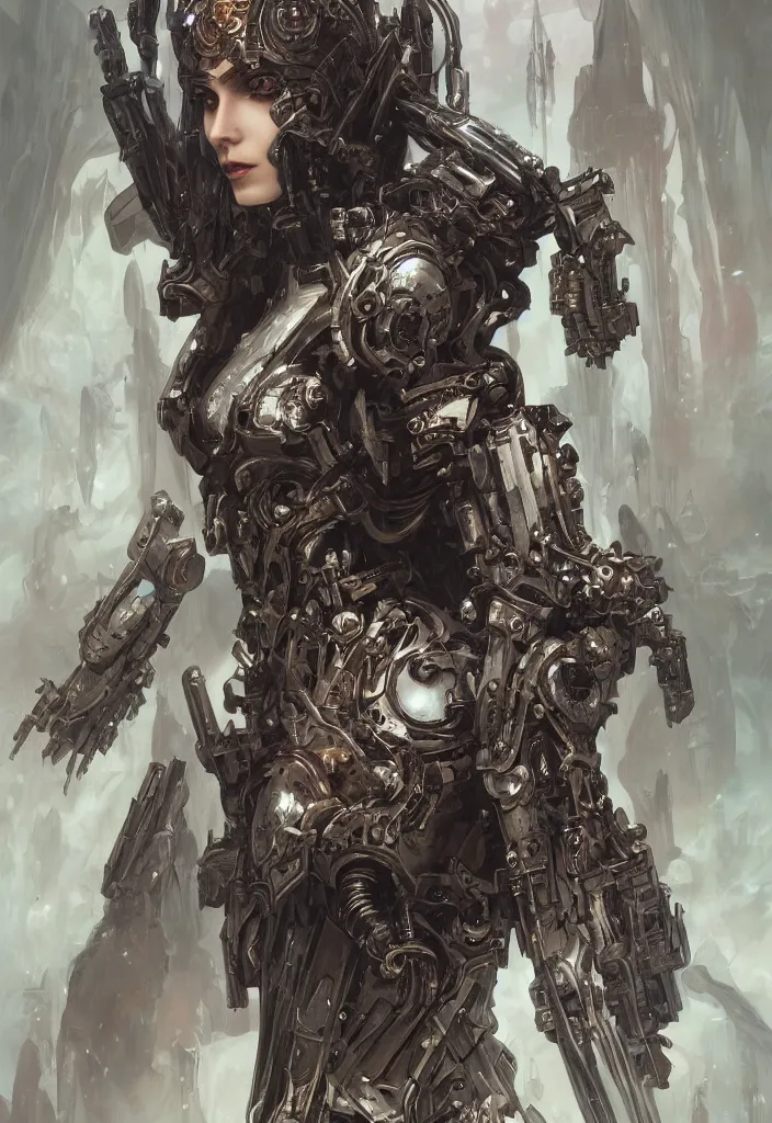 Image similar to portrait of beautiful pale gothic cyborg maiden, warhammer 40000, cyberpunk, intricate, elegant, highly detailed, digital painting, artstation, concept art, smooth, sharp focus, illustration, art by artgerm and greg rutkowski and alphonse mucha and Gustav Klimt