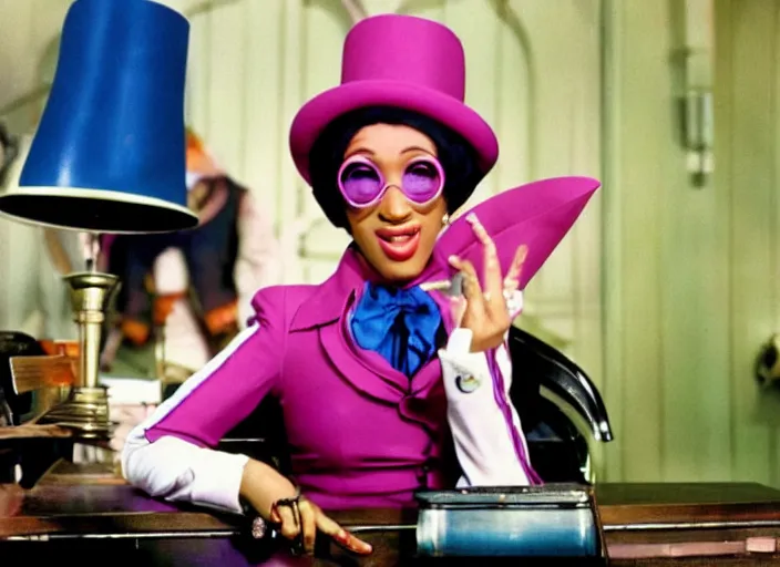 Image similar to film still of Cardi B as Willy Wonka in Willy Wonka and the Chocolate Factory 1971