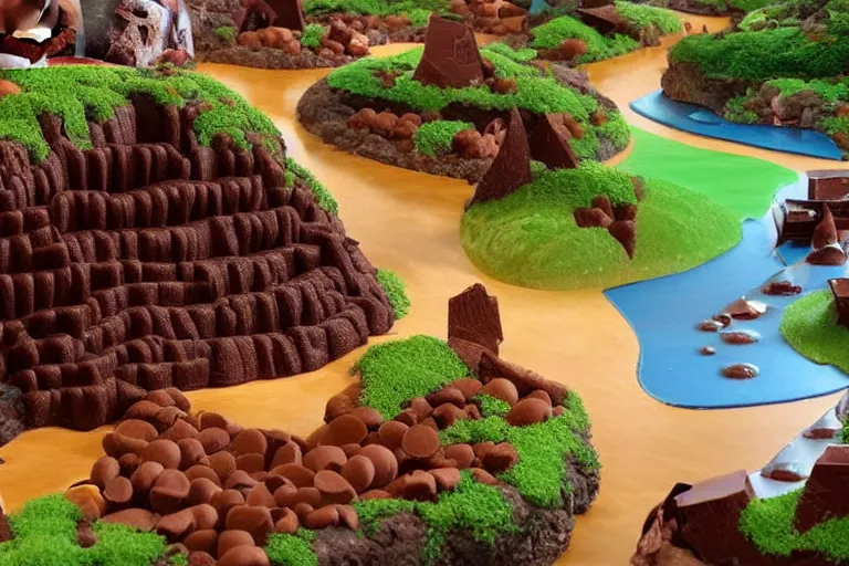 Prompt: A landscape of a world made entirely out of chocolate, complete with chocolate fondue waterfalls