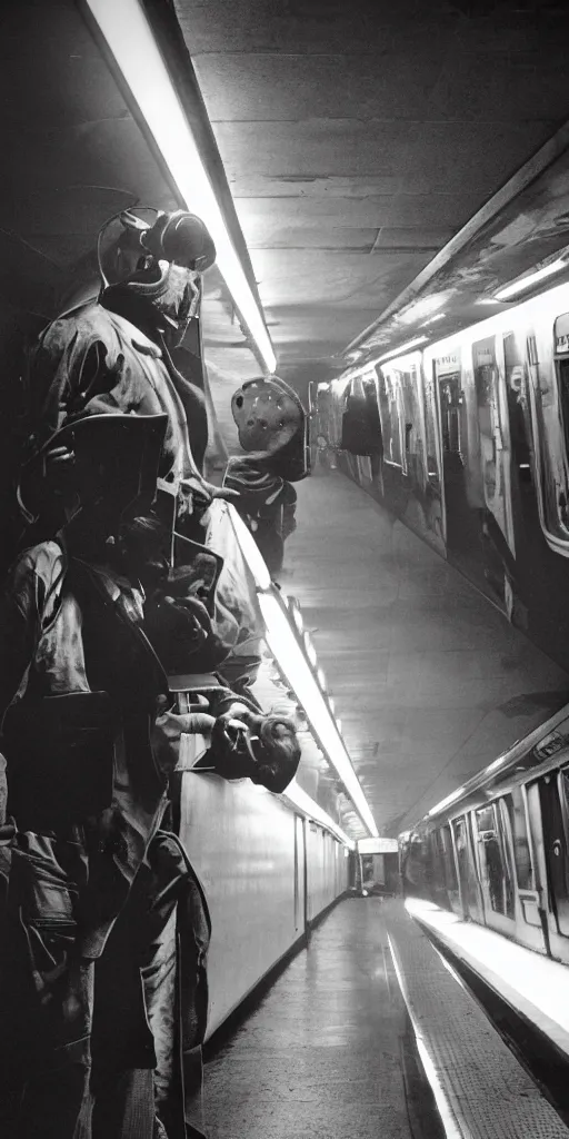 Image similar to welder wearing welding masks in the subway, by richard avedon, ominous lighting, tri - x pan stock