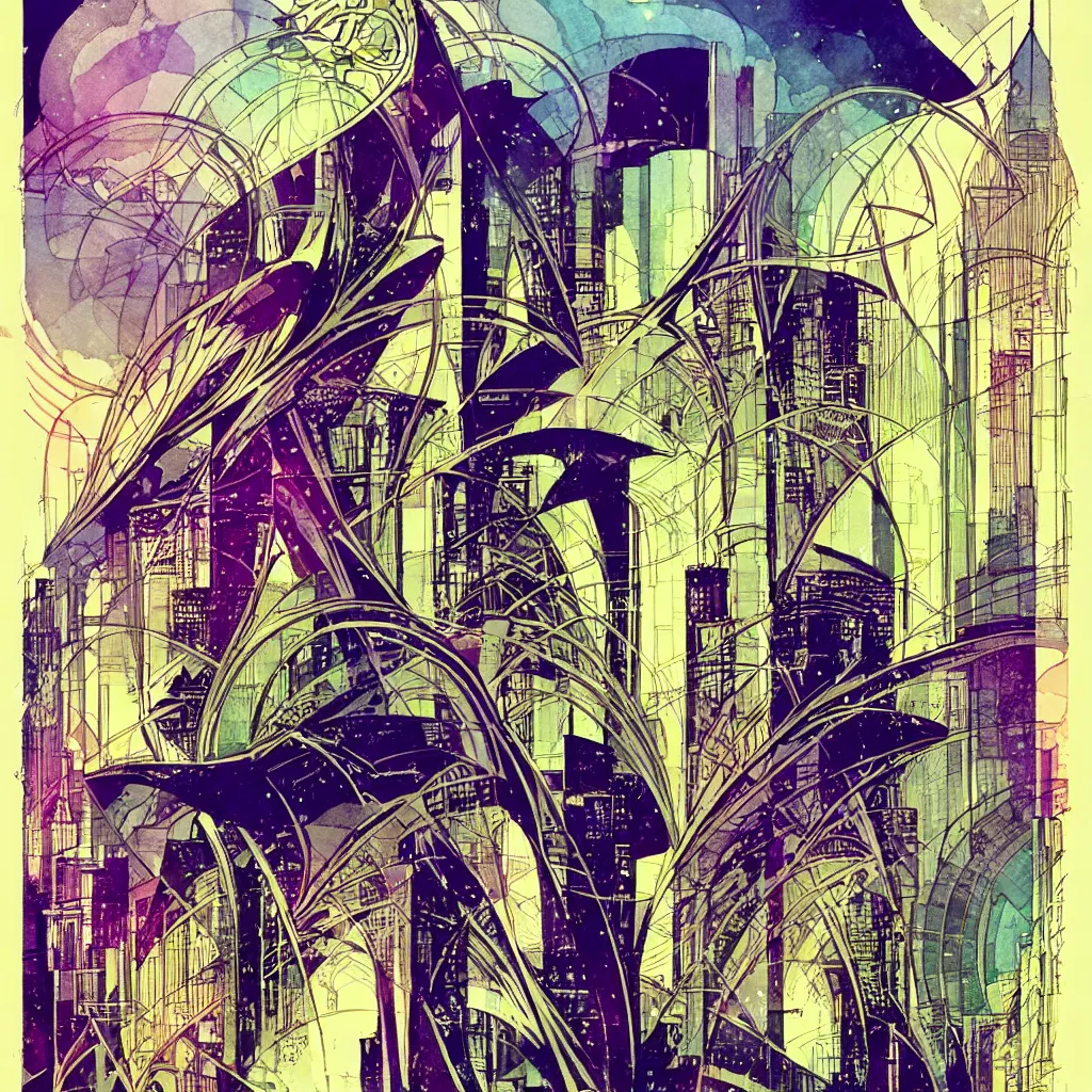 Image similar to bill sienkiewicz art nouveau city