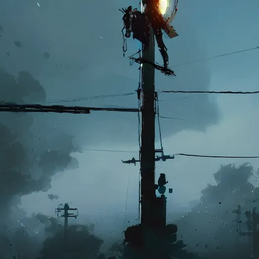 Image similar to lightning striking a telephone pole, dramatic lighting, illustration by Greg rutkowski, yoji shinkawa, 4k, digital art, concept art, trending on artstation