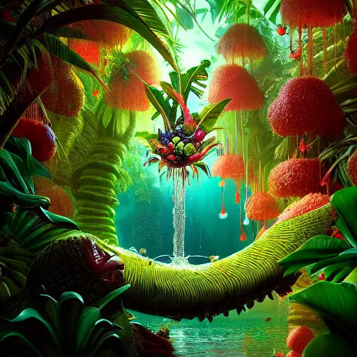 Image similar to tropical fruit creature in a lush trunda candyland vegetation, water reflection, night, backlit, warm tones, bioluminescent : by michal karcz, daniel merriam, victo ngai and guillermo del toro : ornate, dynamic, particulate, intricate, elegant, highly detailed, centered, artstation, smooth, sharp focus, octane render