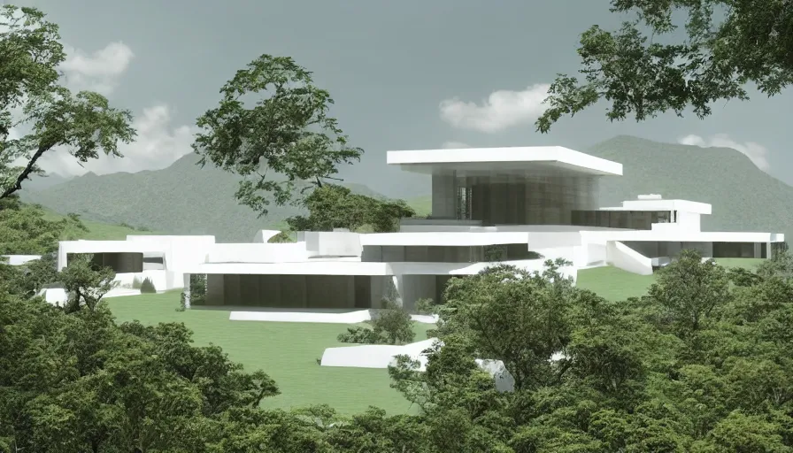 Image similar to white temple house inspired by tibetan and modernist architecture, on a green hill, overlooking a valley with trees, frank lloyd wright, realistic render, birdseye view