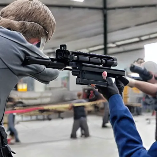 Image similar to a new type of gun being tested out on a piece of metal by a group of people.