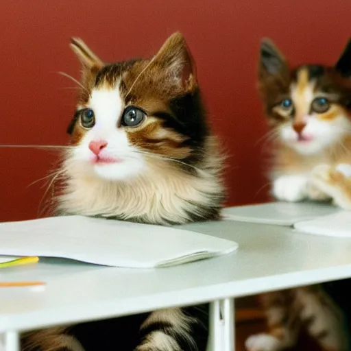 Image similar to anthropomorphic cute kittens sitting at their desks on the first day of kindergarten, medium shot by Wes Anderson