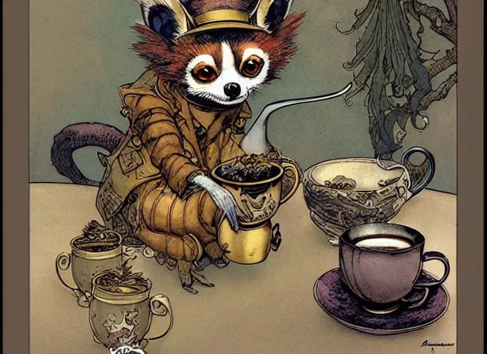 Image similar to an steampunk lemur having a cup of tea, muted colors, by rebecca guay, michael kaluta, charles vess and jean moebius giraud