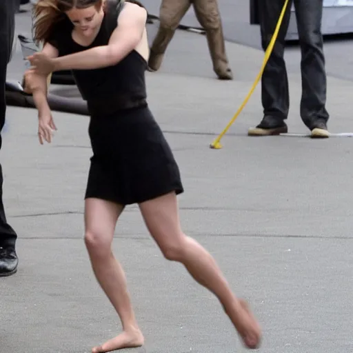 Image similar to emma watson tackling big foot to the ground, blurry focus