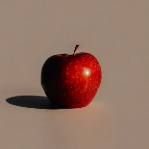 Prompt: a super close up of a lone apple sitting on a counter for one week photo - realistic dynamic lighting