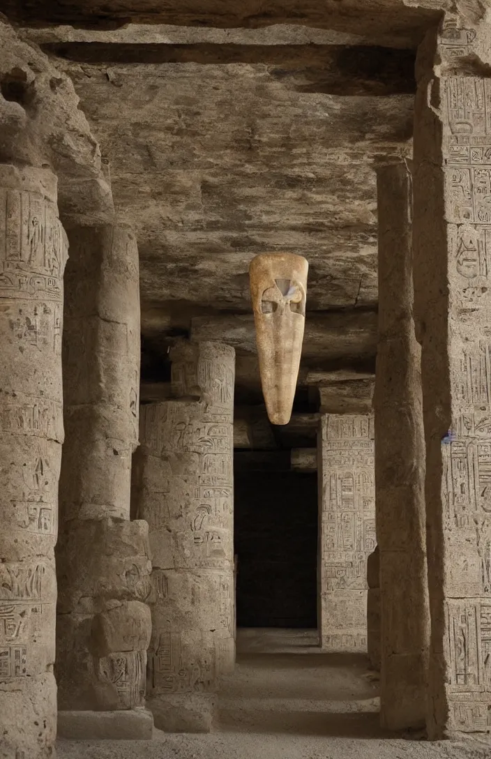 Image similar to punisher symbol is giant arching entrance and pillars in the form of the punisher icon forming entrance into ancient egyptian temple with luminous smoke and light rays.