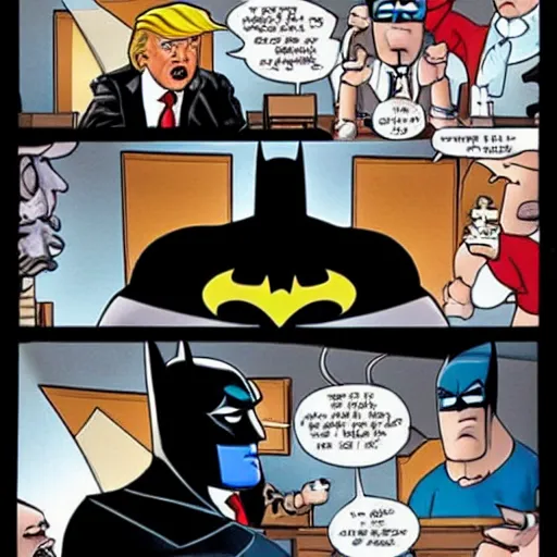Prompt: Batman eating pizza, with Donald Trump