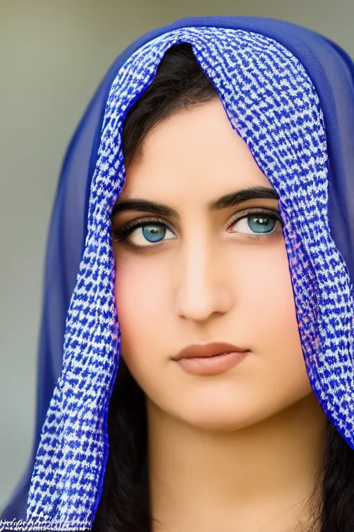 Image similar to young arab woman, blue eyes, long wavy black hair, white veil, closeup, focus face, colored, middle eastern
